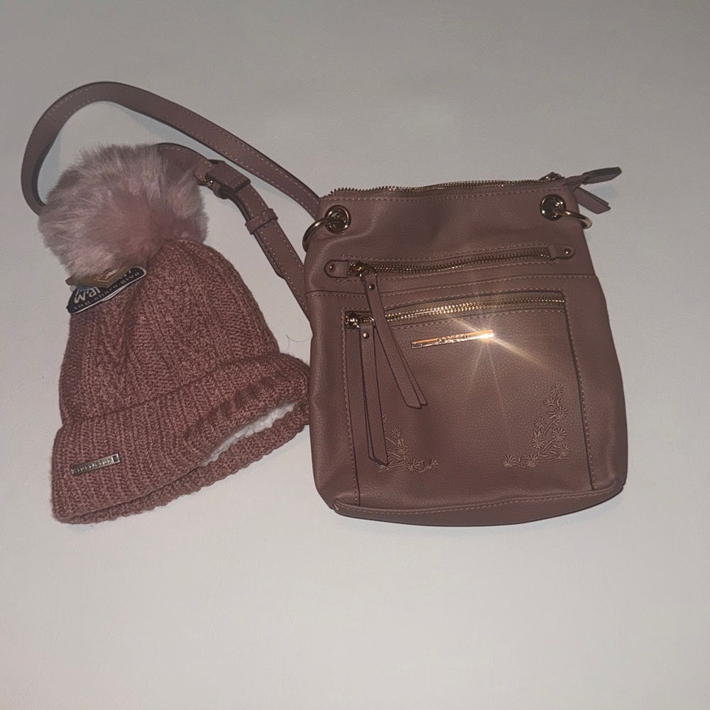Pink Crossbody Bag and Knit Beanie Set